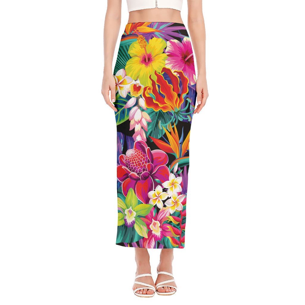Tropical Hummingbird Print Side Slit Maxi Skirt