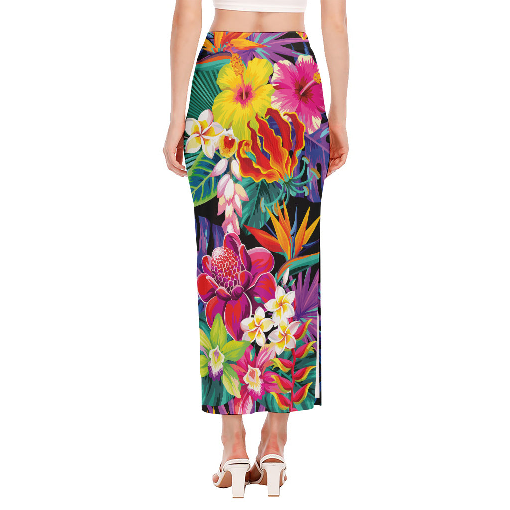 Tropical Hummingbird Print Side Slit Maxi Skirt