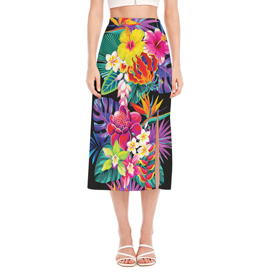 Tropical Hummingbird Print Side Slit Midi Skirt