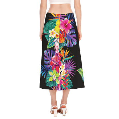 Tropical Hummingbird Print Side Slit Midi Skirt