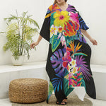 Tropical Hummingbird Print Silk V-Neck Kaftan Dress
