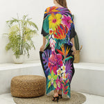 Tropical Hummingbird Print Silk V-Neck Kaftan Dress