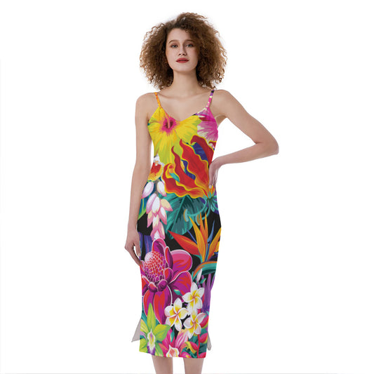 Tropical Hummingbird Print Slim Fit Midi Cami Dress