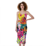 Tropical Hummingbird Print Slim Fit Midi Cami Dress