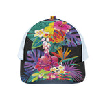 Tropical Hummingbird Print White Mesh Trucker Cap
