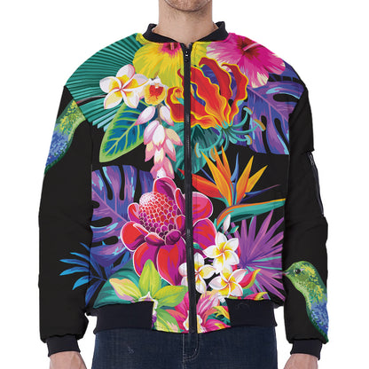 Tropical Hummingbird Print Zip Sleeve Bomber Jacket
