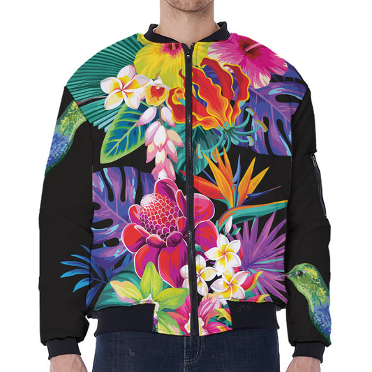 Tropical Hummingbird Print Zip Sleeve Bomber Jacket