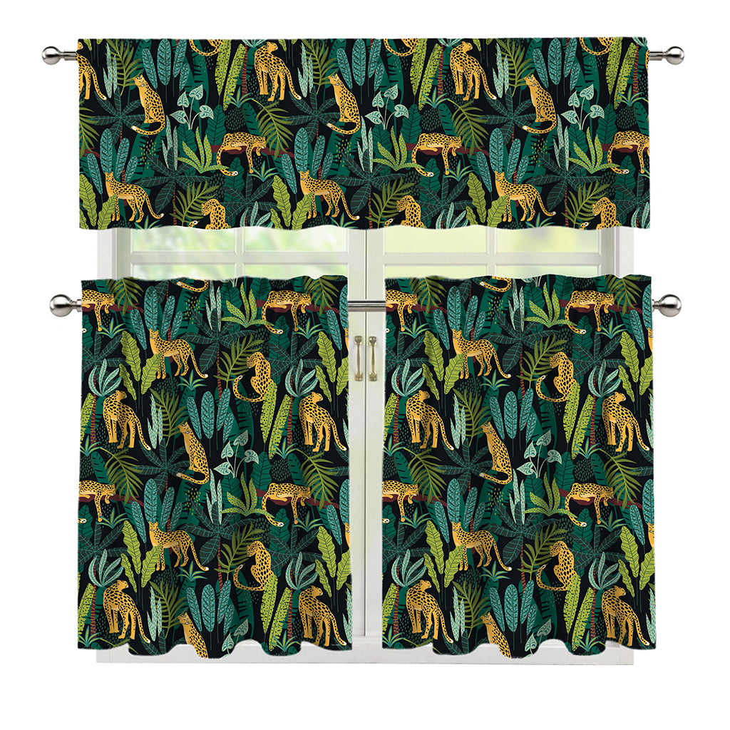 Tropical Jaguar Pattern Print 3 Piece Kitchen Curtains