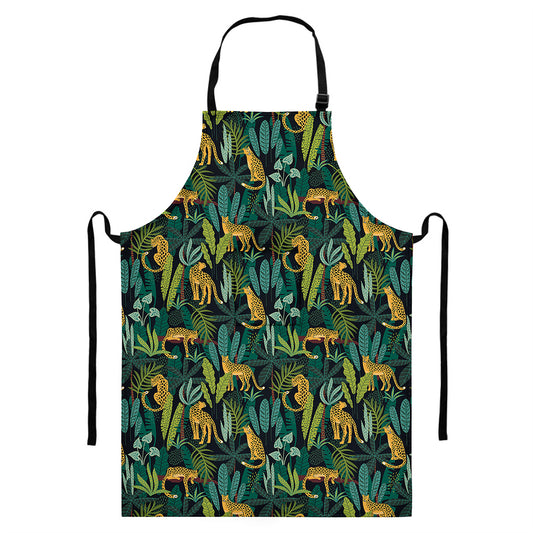 Tropical Jaguar Pattern Print Bib Apron With Pocket