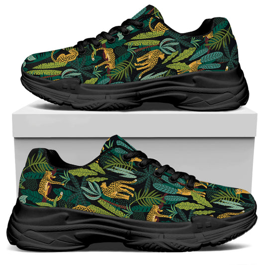 Tropical Jaguar Pattern Print Black Chunky Shoes