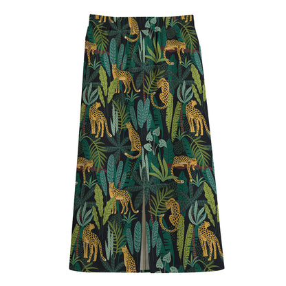 Tropical Jaguar Pattern Print Cotton Front Slit Maxi Skirt