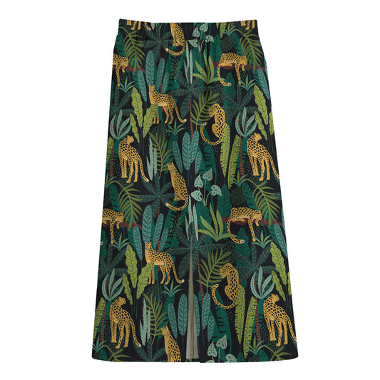 Tropical Jaguar Pattern Print Cotton Front Slit Maxi Skirt