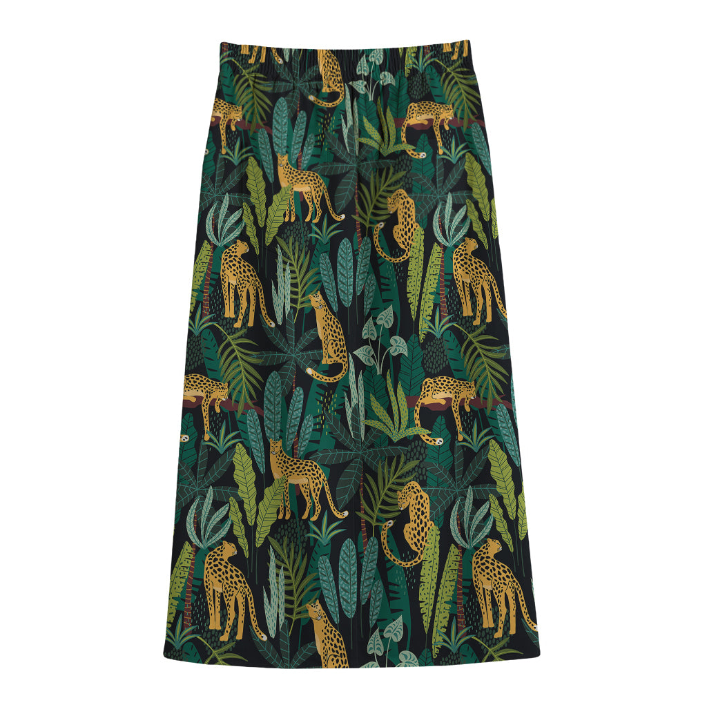 Tropical Jaguar Pattern Print Cotton Front Slit Maxi Skirt