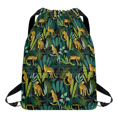 Tropical Jaguar Pattern Print Drawstring Backpack