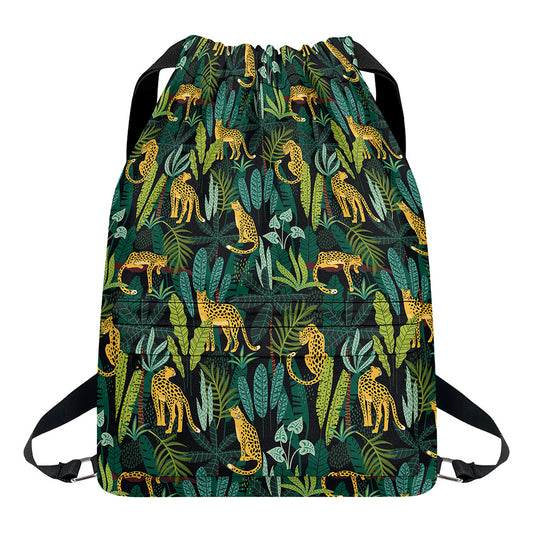 Tropical Jaguar Pattern Print Drawstring Backpack