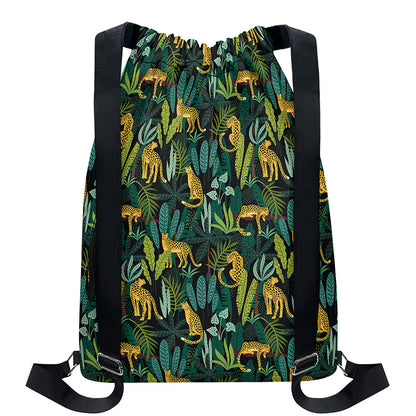 Tropical Jaguar Pattern Print Drawstring Backpack