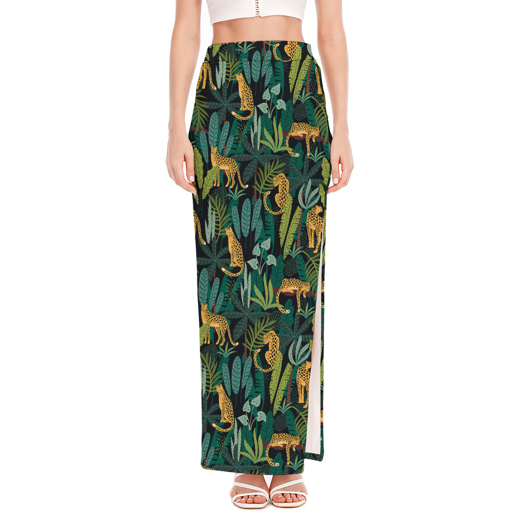 Tropical Jaguar Pattern Print High Slit Maxi Skirt