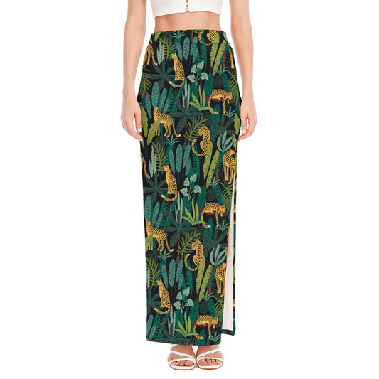 Tropical Jaguar Pattern Print High Slit Maxi Skirt