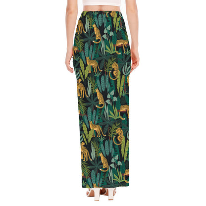 Tropical Jaguar Pattern Print High Slit Maxi Skirt
