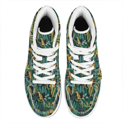 Tropical Jaguar Pattern Print High Top Leather Sneakers