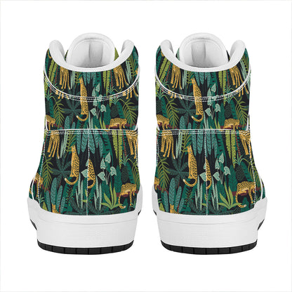 Tropical Jaguar Pattern Print High Top Leather Sneakers