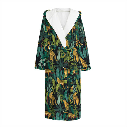 Tropical Jaguar Pattern Print Hooded Bathrobe