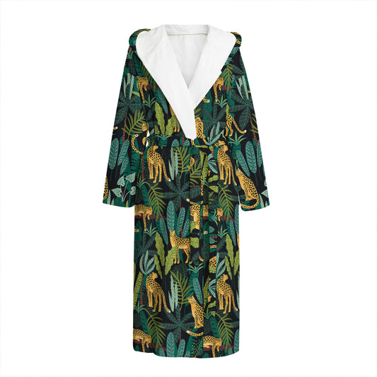 Tropical Jaguar Pattern Print Hooded Bathrobe