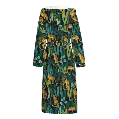 Tropical Jaguar Pattern Print Hooded Bathrobe