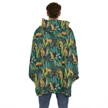 Tropical Jaguar Pattern Print Hoodie Blanket