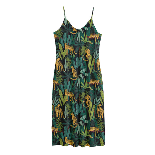 Tropical Jaguar Pattern Print Jersey Midi Cami Dress