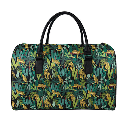 Tropical Jaguar Pattern Print Leather Duffle Bag