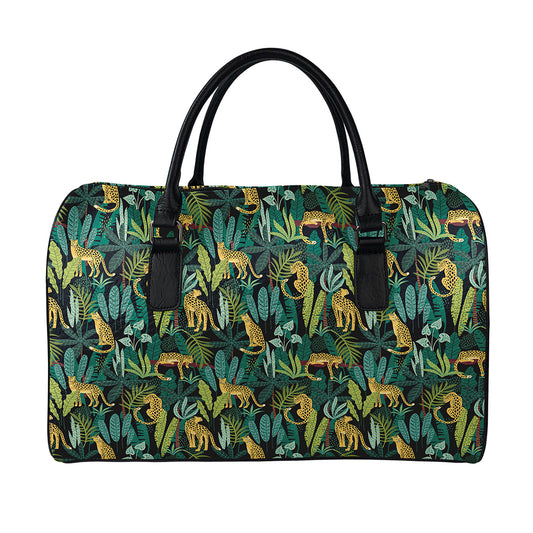 Tropical Jaguar Pattern Print Leather Duffle Bag