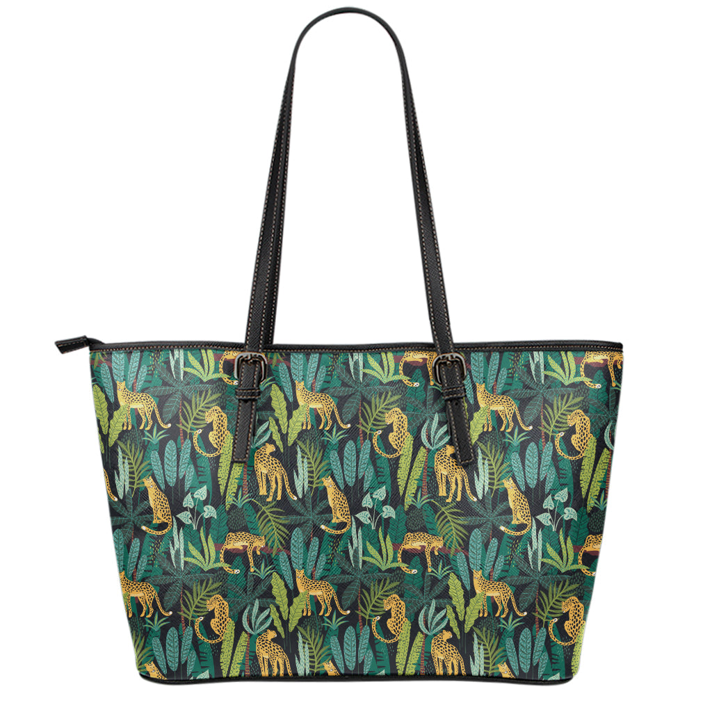 Tropical Jaguar Pattern Print Leather Tote Bag