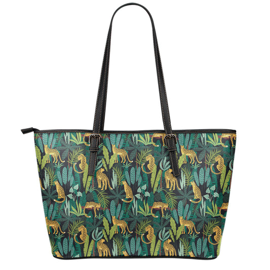 Tropical Jaguar Pattern Print Leather Tote Bag