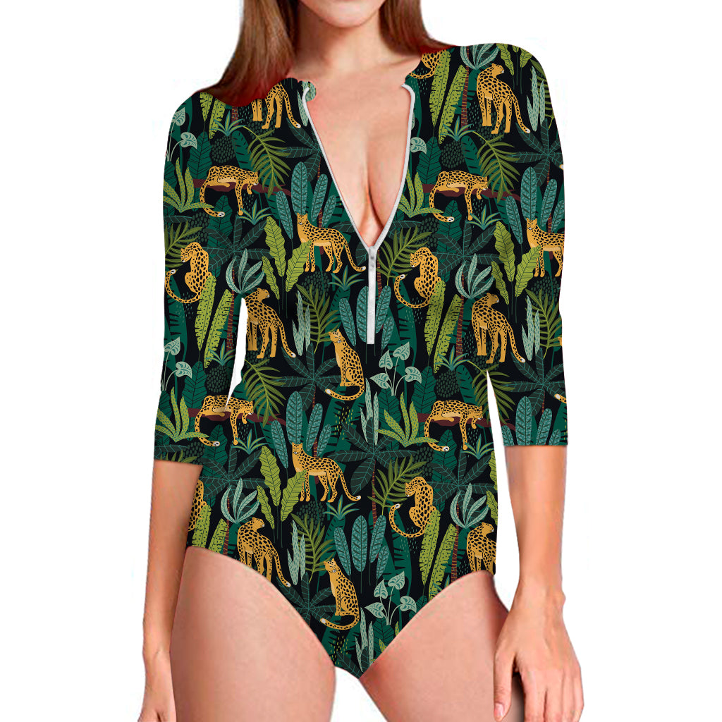 Tropical Jaguar Pattern Print Long Sleeve Swimsuit