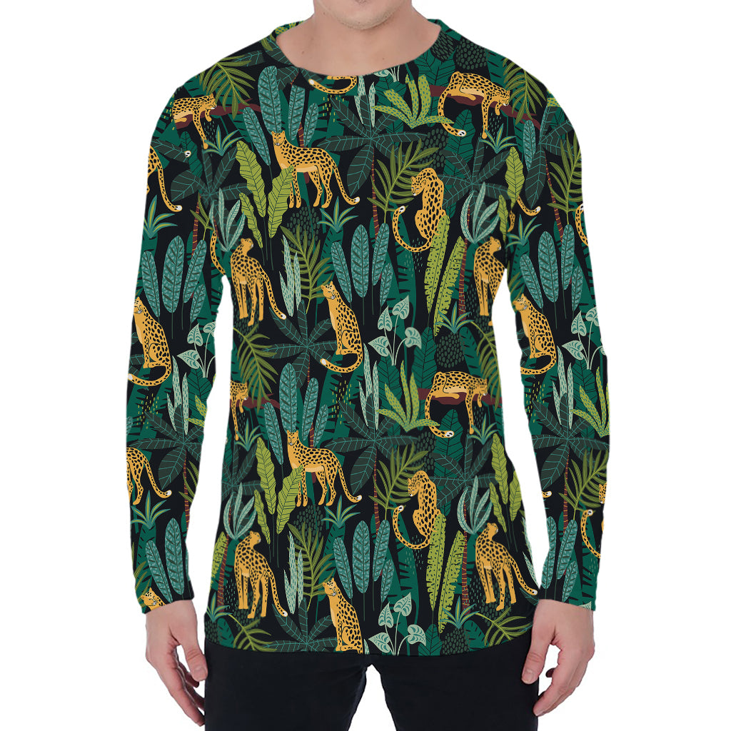 Tropical Jaguar Pattern Print Men's Long Sleeve T-Shirt