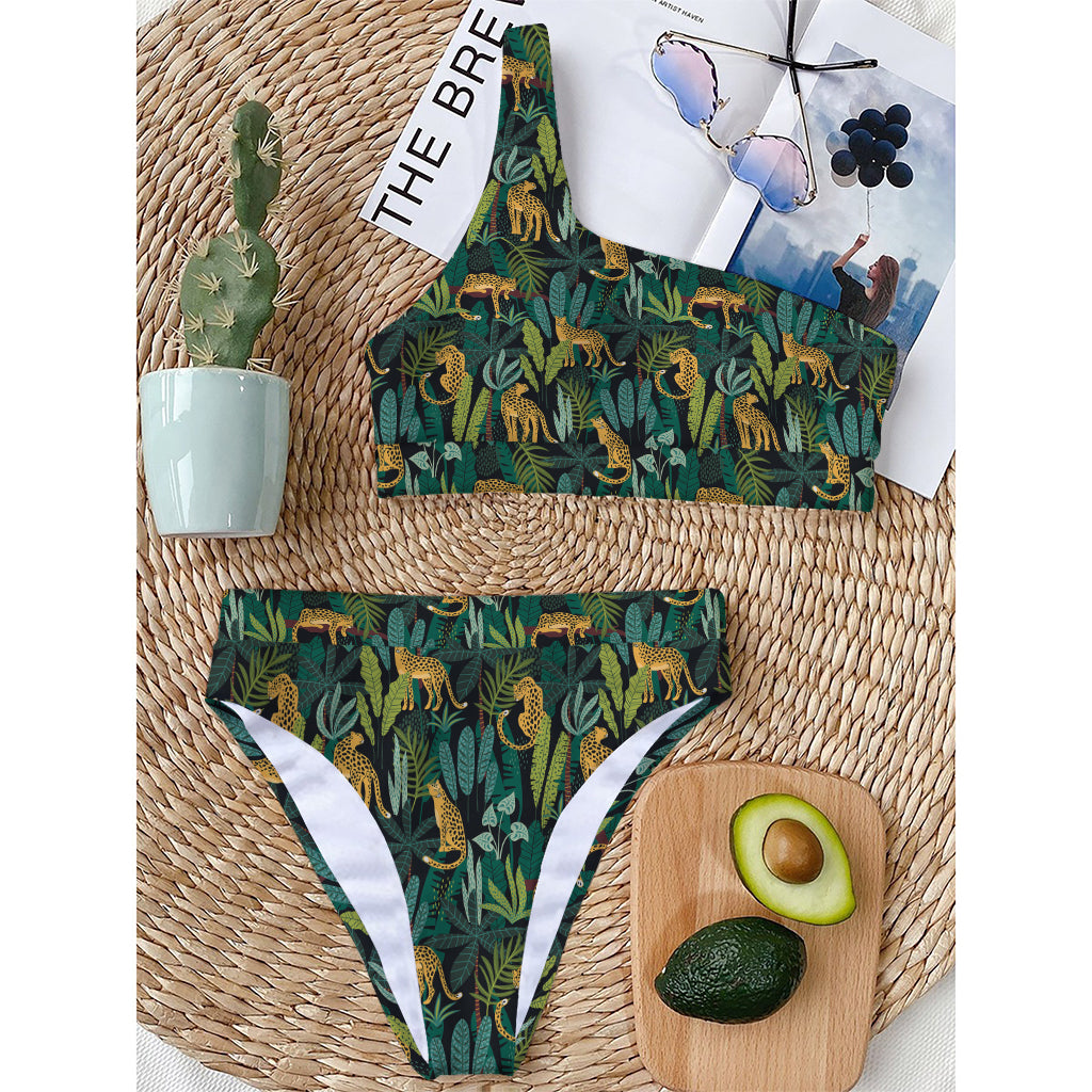 Tropical Jaguar Pattern Print One Shoulder Bikini Top