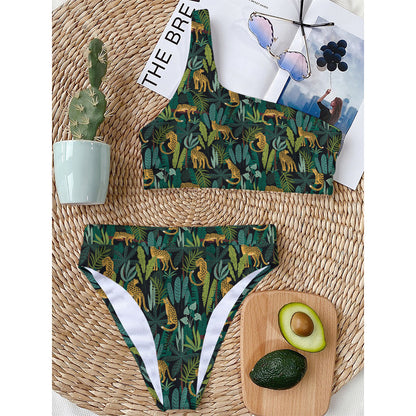 Tropical Jaguar Pattern Print One Shoulder Bikini Top