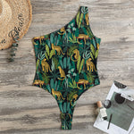 Tropical Jaguar Pattern Print One Shoulder Bodysuit