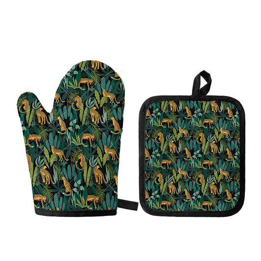Tropical Jaguar Pattern Print Oven Mitt And Pot Holder Set