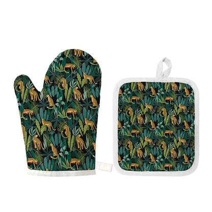 Tropical Jaguar Pattern Print Oven Mitt And Pot Holder Set