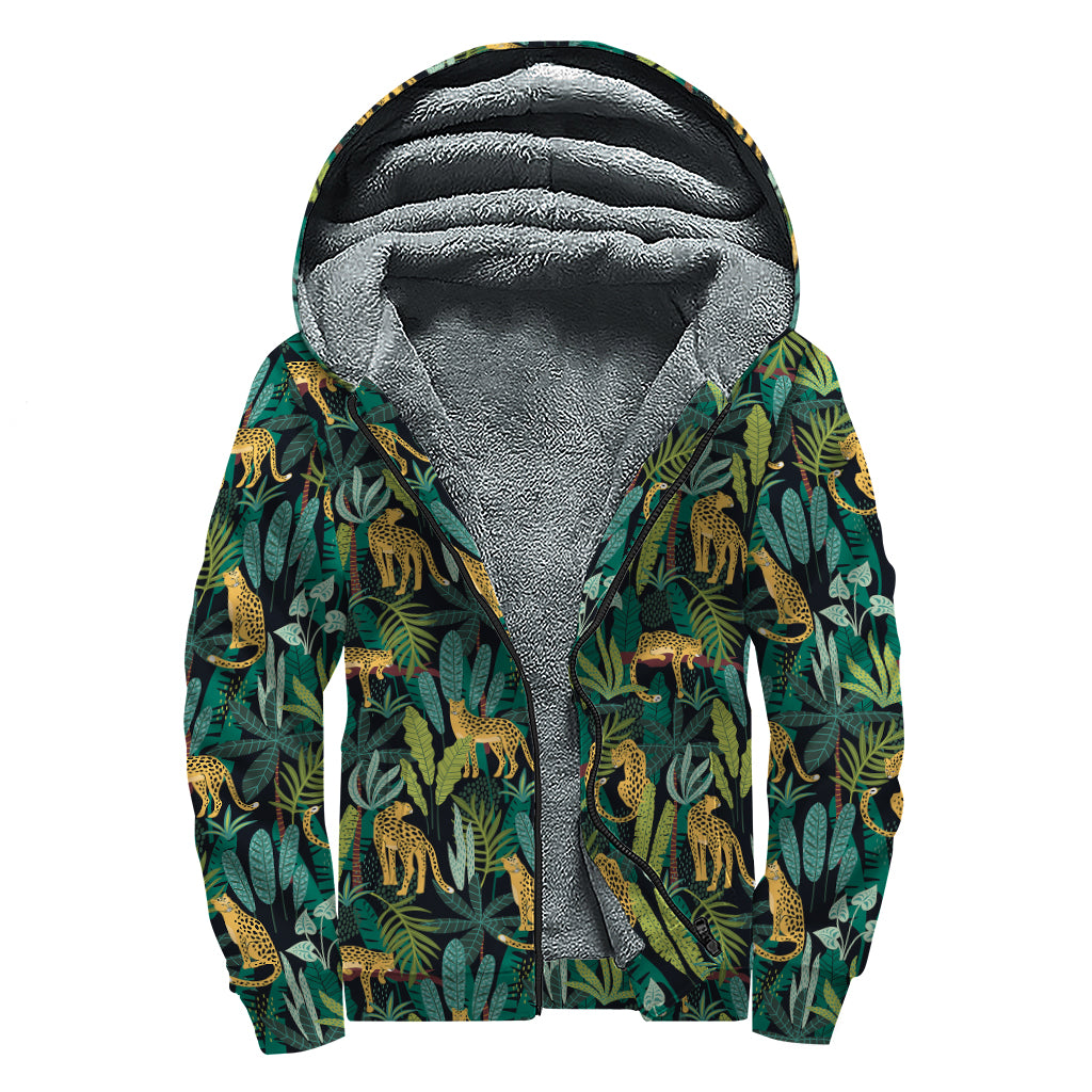 Tropical Jaguar Pattern Print Sherpa Lined Zip Up Hoodie