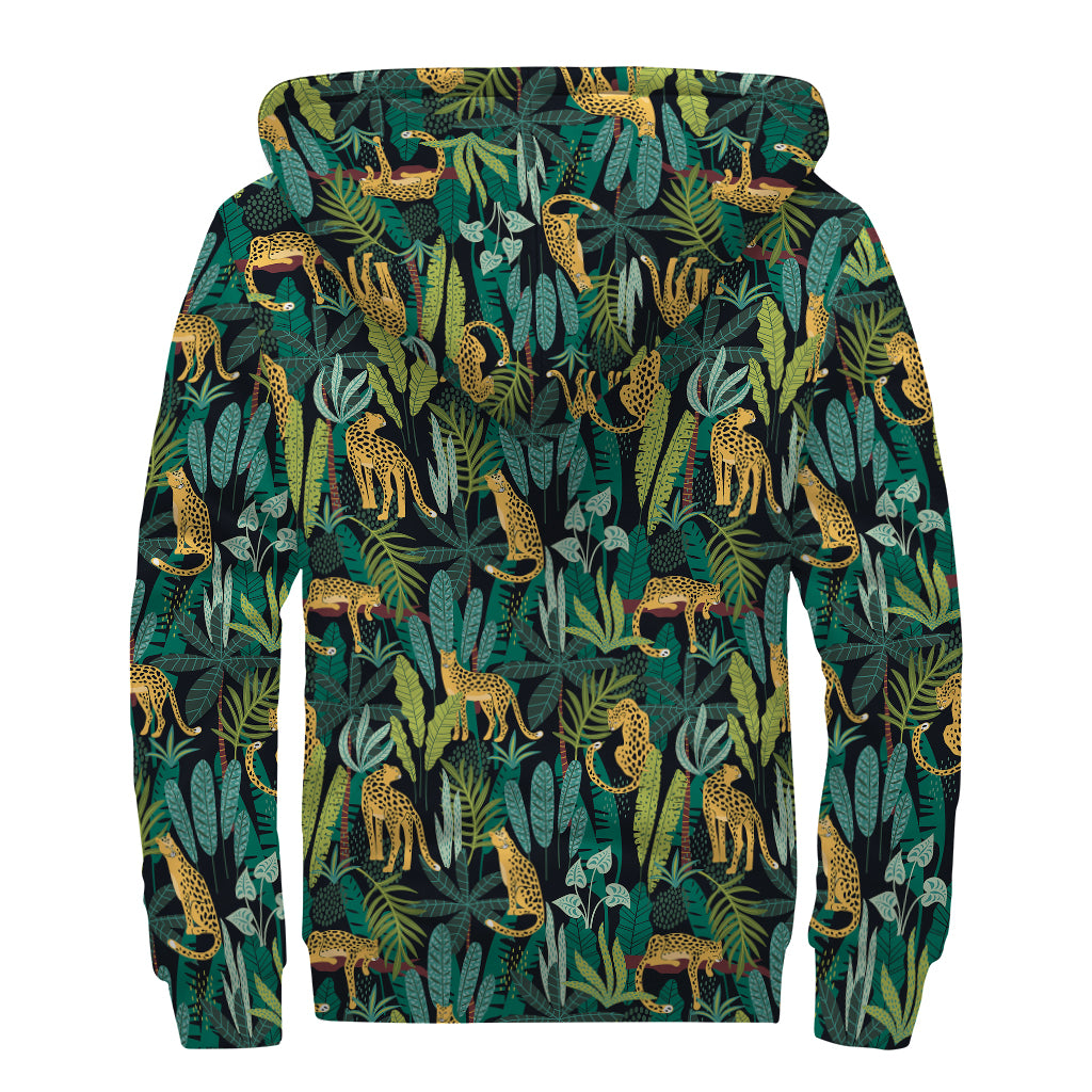Tropical Jaguar Pattern Print Sherpa Lined Zip Up Hoodie