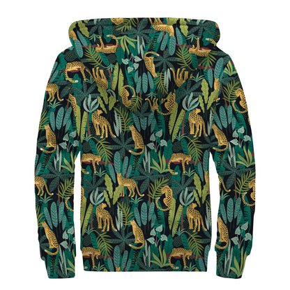 Tropical Jaguar Pattern Print Sherpa Lined Zip Up Hoodie