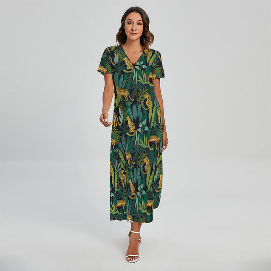 Tropical Jaguar Pattern Print Short Sleeve Maxi Dress