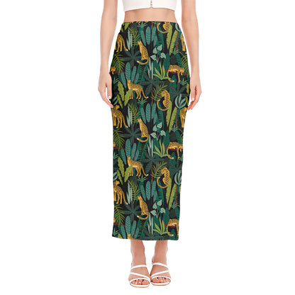 Tropical Jaguar Pattern Print Side Slit Maxi Skirt