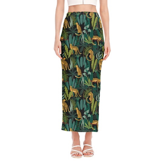 Tropical Jaguar Pattern Print Side Slit Maxi Skirt