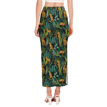 Tropical Jaguar Pattern Print Side Slit Maxi Skirt
