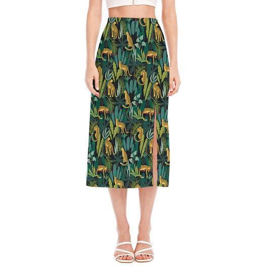 Tropical Jaguar Pattern Print Side Slit Midi Skirt