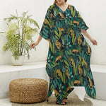 Tropical Jaguar Pattern Print Silk V-Neck Kaftan Dress